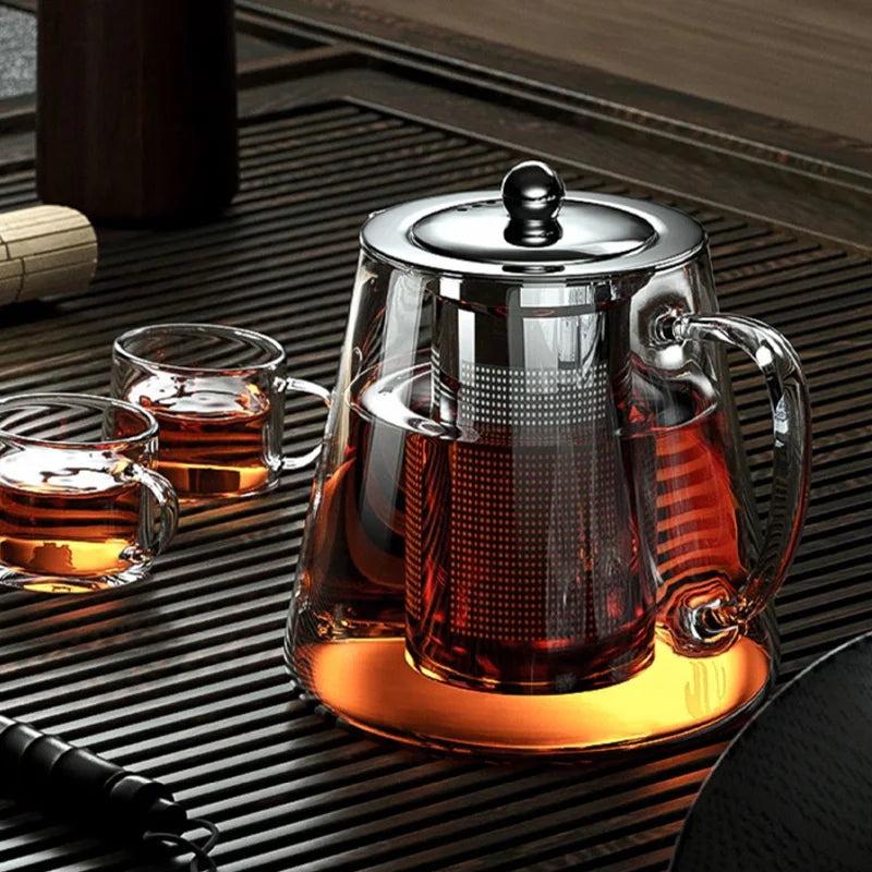 Heat-Resistant Glass Teapot with Stainless Steel Tea Strainer Infuser – Flower Kettle Kung Fu Teaware Set for Puer & Oolong Tea