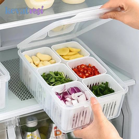 Refrigerator Storage Box – 4/6 Grid Clear Crisper for Fruits, Vegetables & Meat