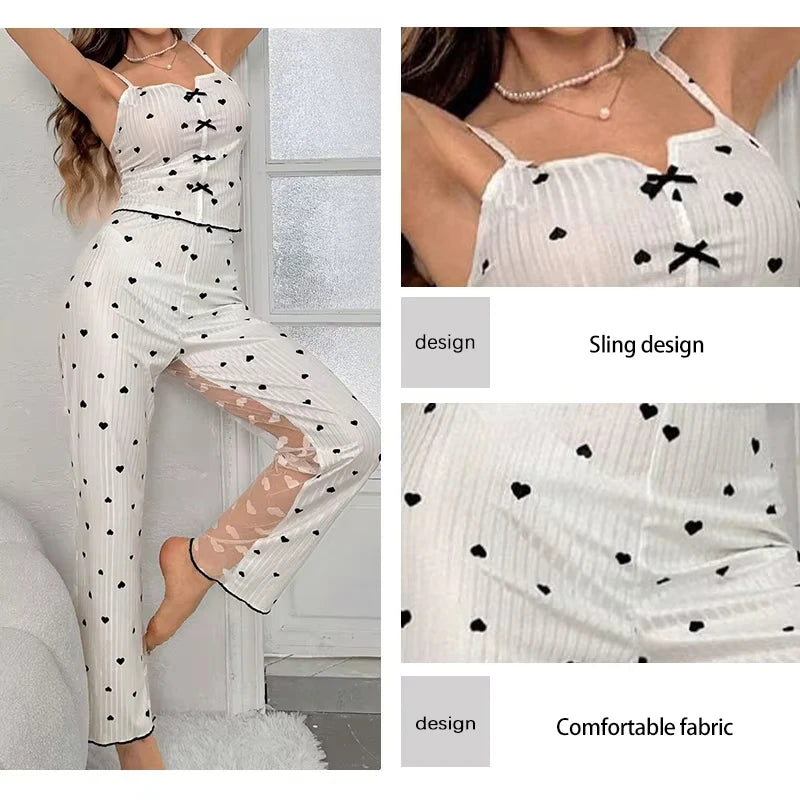 2-Piece Women’s Sexy Mesh Lace Pajama Set – Transparent Ribbed Strap Top & Pants Lounge Sleepwear