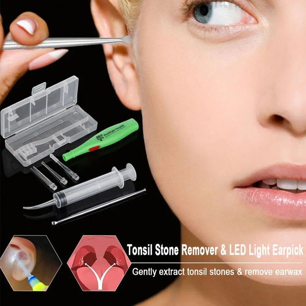 Tonsil & Earwax Remover Tool with LED Light – Stainless Steel Earpick Set with 3 Tips for Ear Care & Wax Cleaning