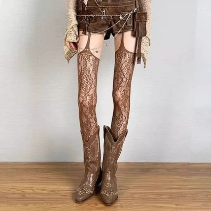 Lolita Punk Style Floral Thigh High Tights for Women, Sheer Colorful Fishnet Suspender Stockings with Garter Belt Pantyhose