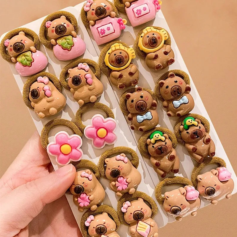 10/20PCS Cute Capybara Hair Ties for Kids - Resin Animal Elastic Hair Bands and Cartoon Hair Accessories for Girls