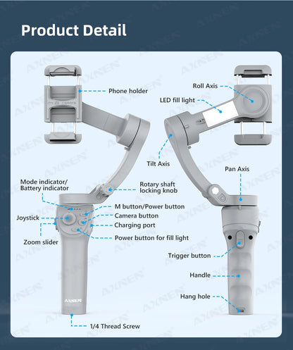 HQ6 3-Axis Gimbal Handheld Stabilizer – With Fill Light, Face Tracking, Anti-Shake for Android & iPhone Video Recording