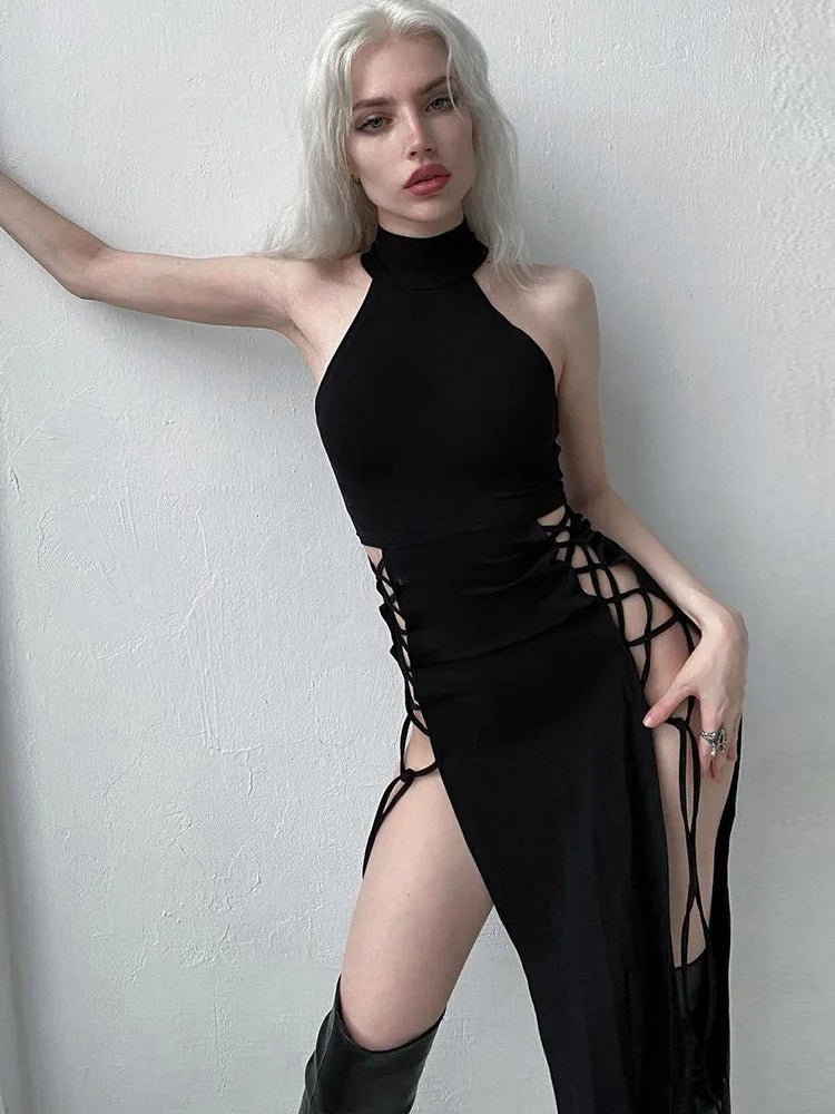 Gothic Dark Cosplay Dress – High Split Y2K Bandage Halter Slim Midi Black Grunge Partywear