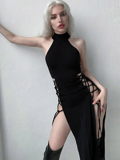 Gothic Dark Cosplay Dress – High Split Y2K Bandage Halter Slim Midi Black Grunge Partywear