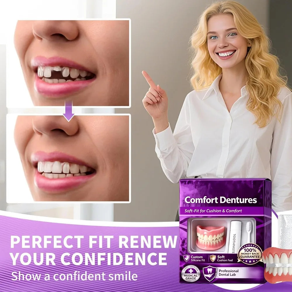 Full Upper & Lower Silicone Dentures Set - Comfort Fit Instant Smile Replacement Teeth