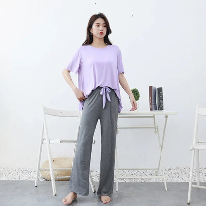 Women's Summer Modal Pajamas Set – Lightweight Short Sleeve Top and Loose Trousers Two-Piece Homewear