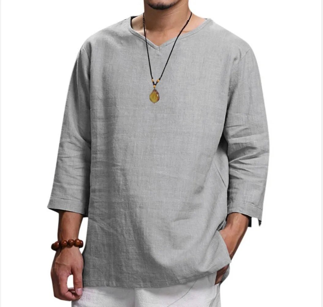 Men’s 3/4 Sleeve Casual Shirt - Loose Fit Solid Color Pullover Top