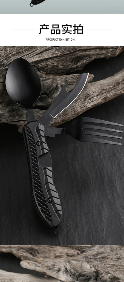 Portable Stainless Steel Camping Cutlery Set – Foldable Spoon, Fork, Knife & Bottle Opener Multitool