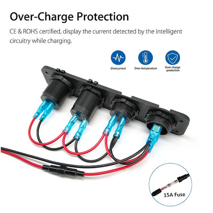 4-in-1 Marine Switch Panel | 12V Dual USB Charger, Power Outlet, LED Voltmeter & Cigarette Lighter Socket