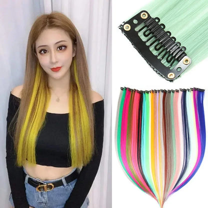 22-Inch Rainbow Highlight Synthetic Hair Extensions – Long Straight Colorful Hairpiece for Women & Kids