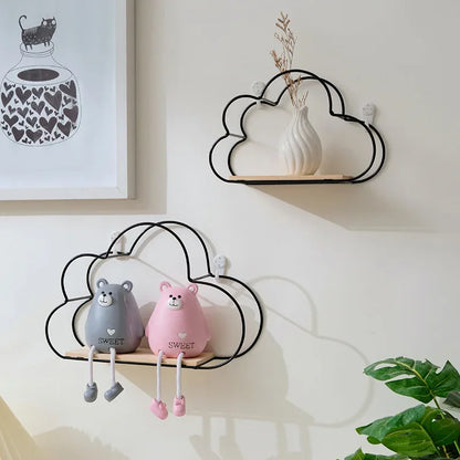 Creative Cloud Iron Shelving Wall Shelf – Nordic Style Wooden Clapboard for Children's Room Decoration and Display