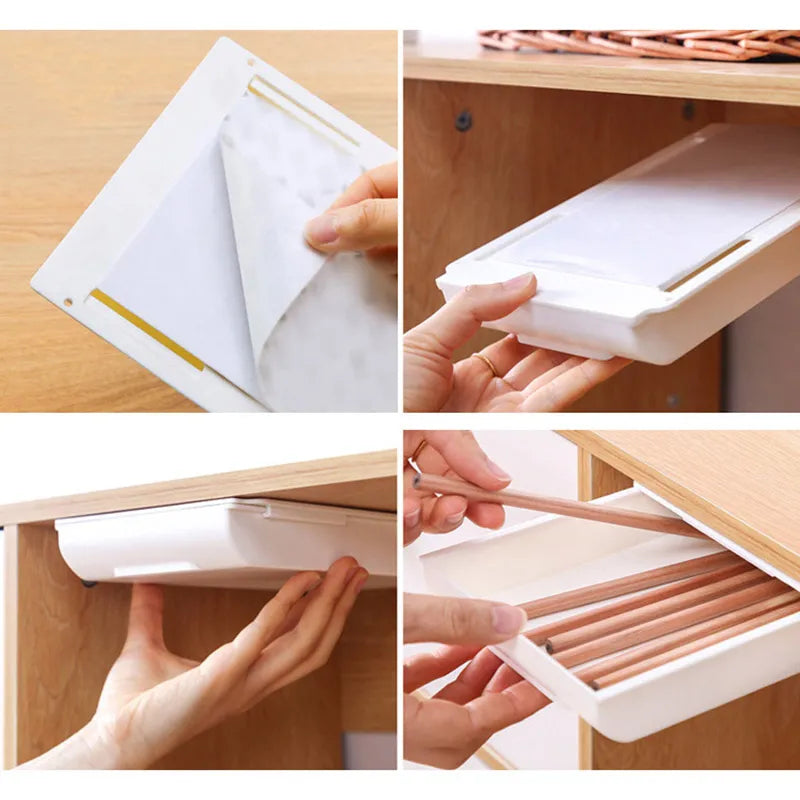 Under Desk Self-Stick Pencil Tray - Hidden Drawer Storage Box for Pens and Stationery, Ideal for Office and Home Organization