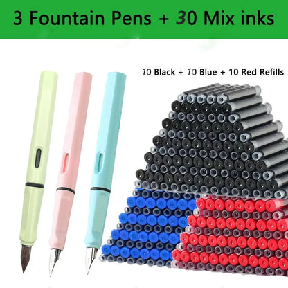 33PCS Kawaii Fountain Pen & Ink Set - Black Blue Red EF 0.38mm Replaceable Ink Pens for School Office Writing Supplies