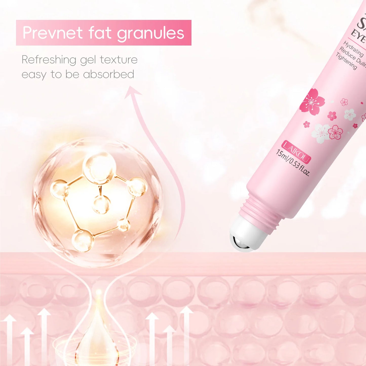 LAIKOU Sakura Eye Serum Roller — Hyaluronic Acid Moisturizing Cream for Eye Bags & Dark Circles, 15ml