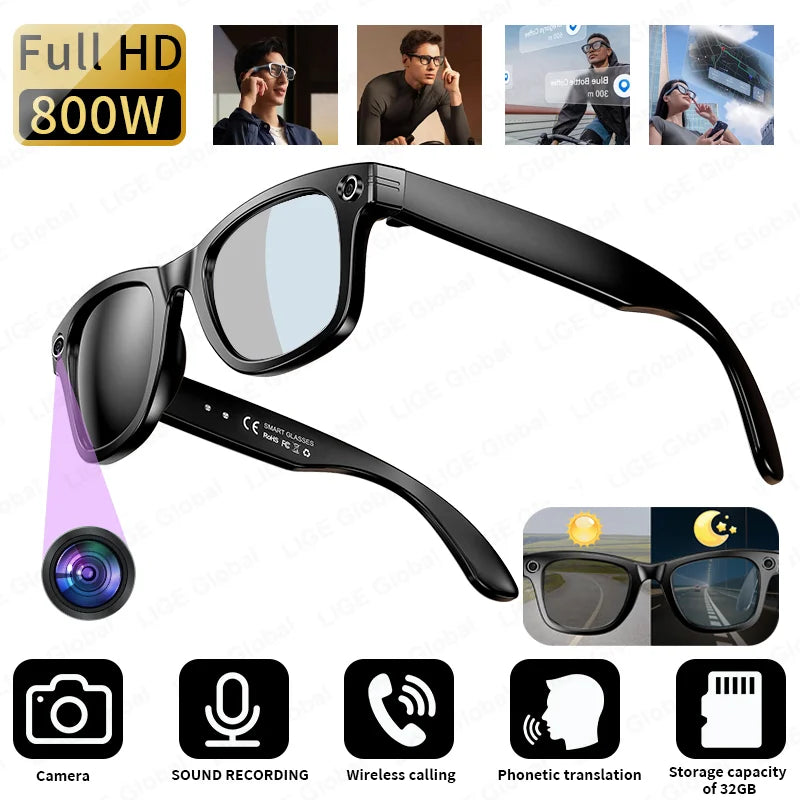 LIGE AI Smart Glasses — 8MP Camera, Video Recording, 100+ Languages Translation, Bluetooth Call & Music for Men & Women