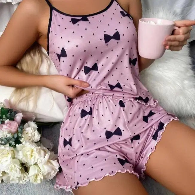 Women’s Summer Pajama Set – Pink Heart Print Ice Silk T-Shirt & Shorts, Comfortable Casual Round Neck Sleepwear