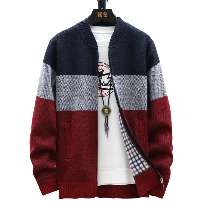 Men's Autumn Winter Fleece Cardigan Sweater - Zipper Velvet Contrast Stripe Casual Warm Jacket Coat