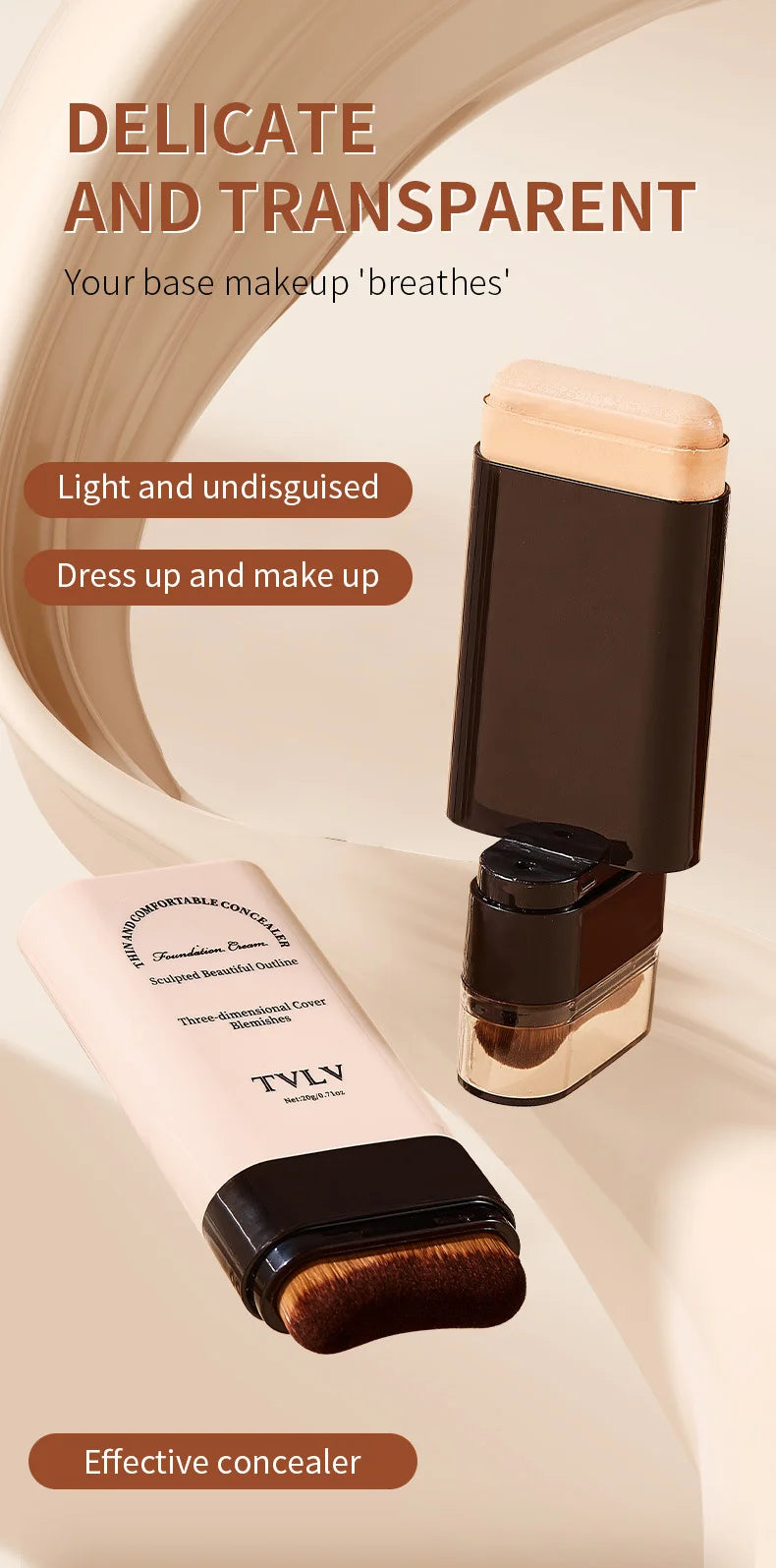 TVLV Eraser Foundation Stick with Brush – 20g Brightening Liquid Foundation & Long-Lasting Concealer