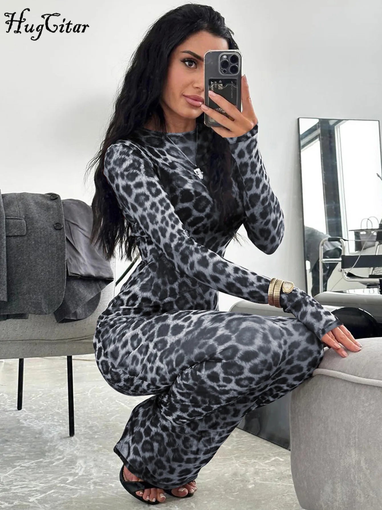 Hugcitar Leopard Print Mesh Long Sleeve Maxi Dress – Sexy Slim See-Through Fall Fashion for Women, Beach & Club Outfits