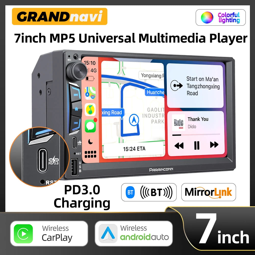 2DIN 7" Car Stereo - Wireless CarPlay & Android Auto Touchscreen MP5 Player with Bluetooth, FM Radio & PD3.0 Fast Charging