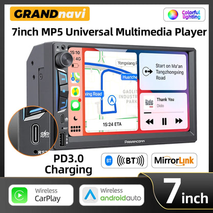 2DIN 7" Car Stereo - Wireless CarPlay & Android Auto Touchscreen MP5 Player with Bluetooth, FM Radio & PD3.0 Fast Charging