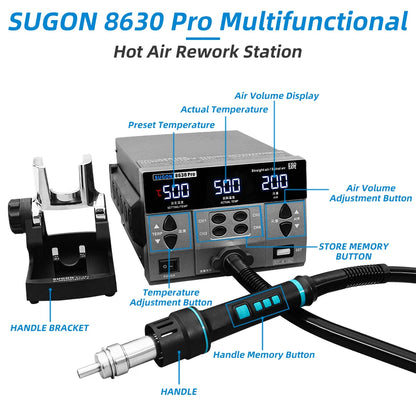 SUGON 8630Pro 1300W Hot Air Gun - Digital Display BGA Rework Station with Curved Nozzle for Welding & Desoldering Repair