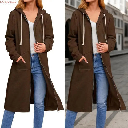 Women's Loose Fit Hooded Coat - Full Zip Long Sleeve Cotton Jacket with Pockets