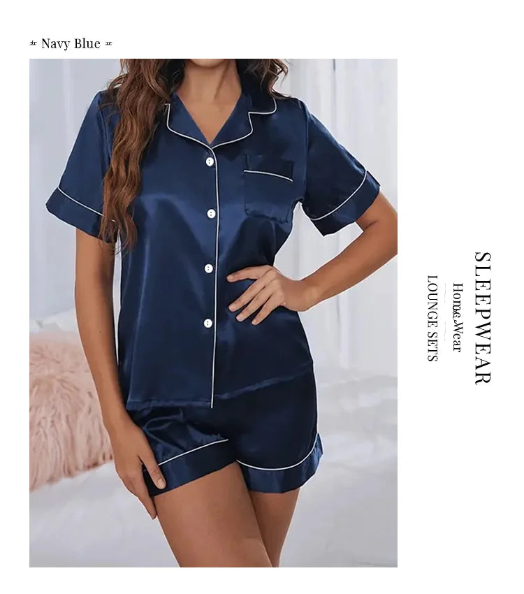 Women's Satin Pajamas Set – Summer Two-Piece Sleepwear with Button-Down Top and Shorts, Comfortable Nightwear Loungewear