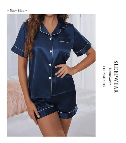 Women's Satin Pajamas Set – Summer Two-Piece Sleepwear with Button-Down Top and Shorts, Comfortable Nightwear Loungewear