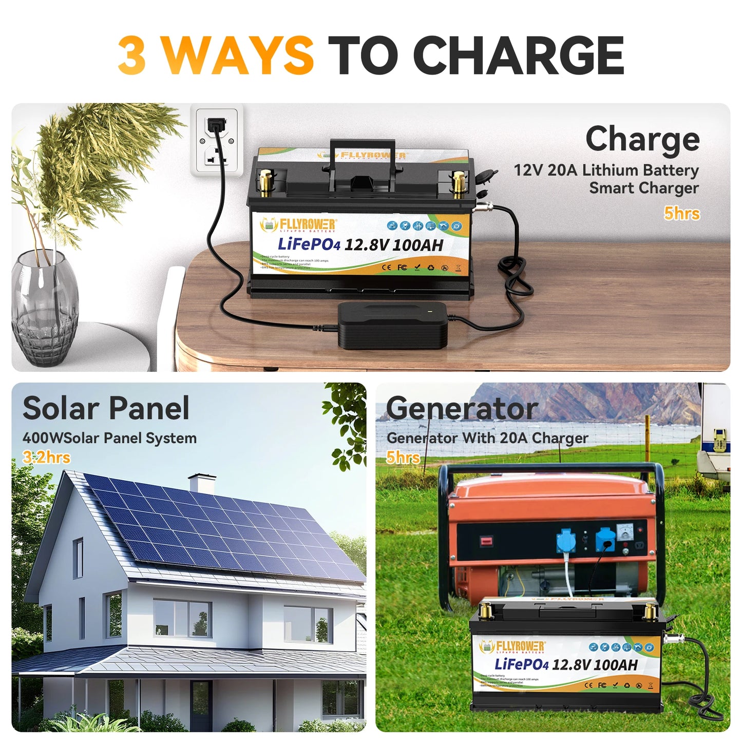 12V 100Ah LiFePO4 Battery Pack – 12.8V Lithium Iron Phosphate with 100A BMS for RV, Boat, Inverter, Solar & Wind Power Systems