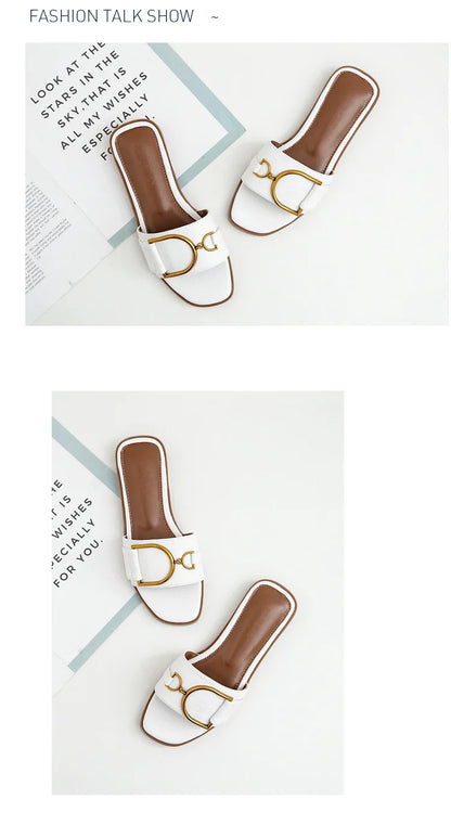 Women’s Flat Slippers — Summer Leather Square Toe Flats, Designer Slides & Luxury Sandals