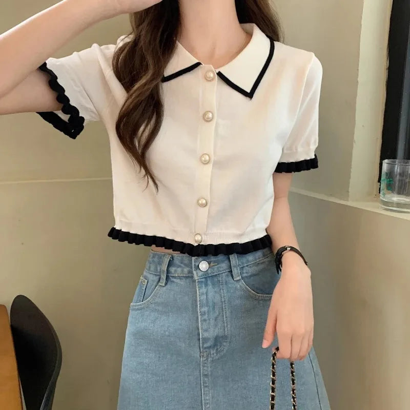 Women’s Summer Knitted Blouse — Chic Retro Slim Short Sleeve Crop Top, All-Match Style