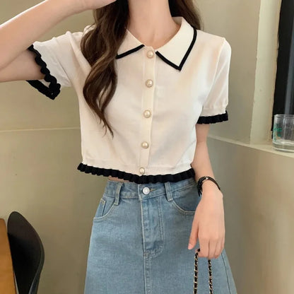 Women’s Summer Knitted Blouse — Chic Retro Slim Short Sleeve Crop Top, All-Match Style