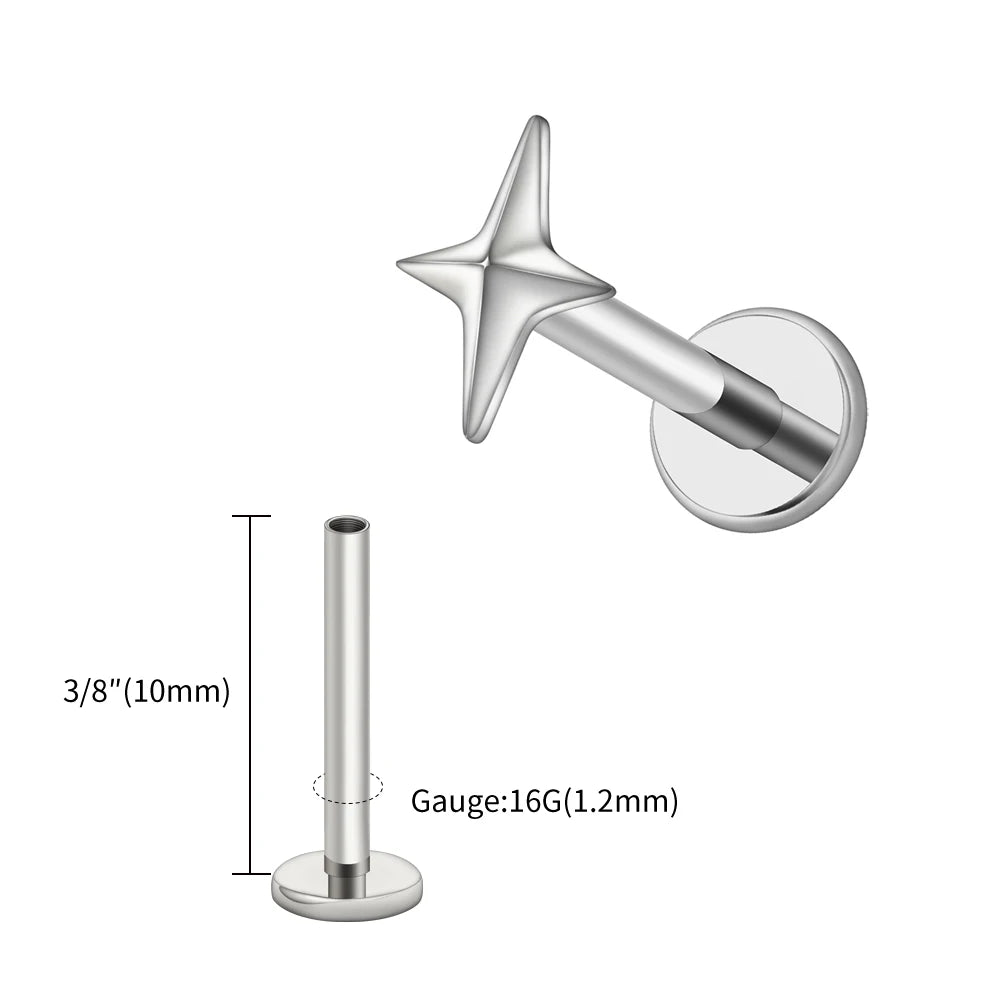 Right Grand ASTM F136 Titanium 16G Four-Pointed Star Cartilage Stud Earring – Helix, Tragus, Flatback Labret & Nose Piercing Jewelry