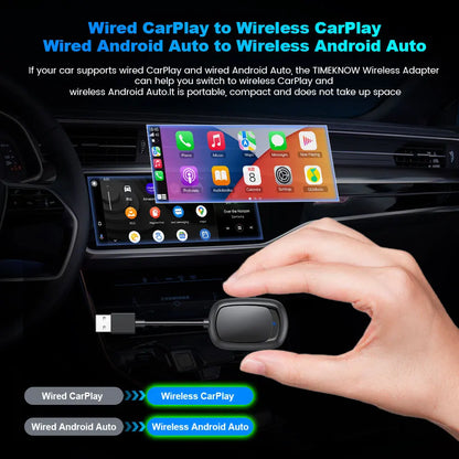 TIMEKNOW Wireless CarPlay and  Android Auto Adapter – 2-in-1 USB Dongle for Wired to Wireless Conversion, Compatible with VW, Toyota, Audi, Skoda