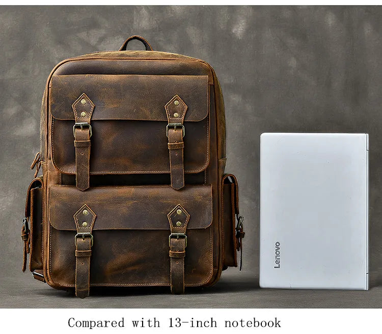 Vintage Crazy Horse Leather Backpack for Men — 17" Laptop Travel Rucksack Cowhide Hiking Bag M815