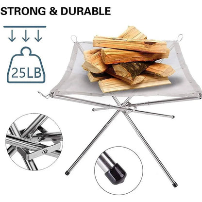 Foldable Stainless Steel Campfire Rack: Outdoor Camping Fire Pit Wood Stove Frame for BBQ, Bonfire in Garden or Backyard