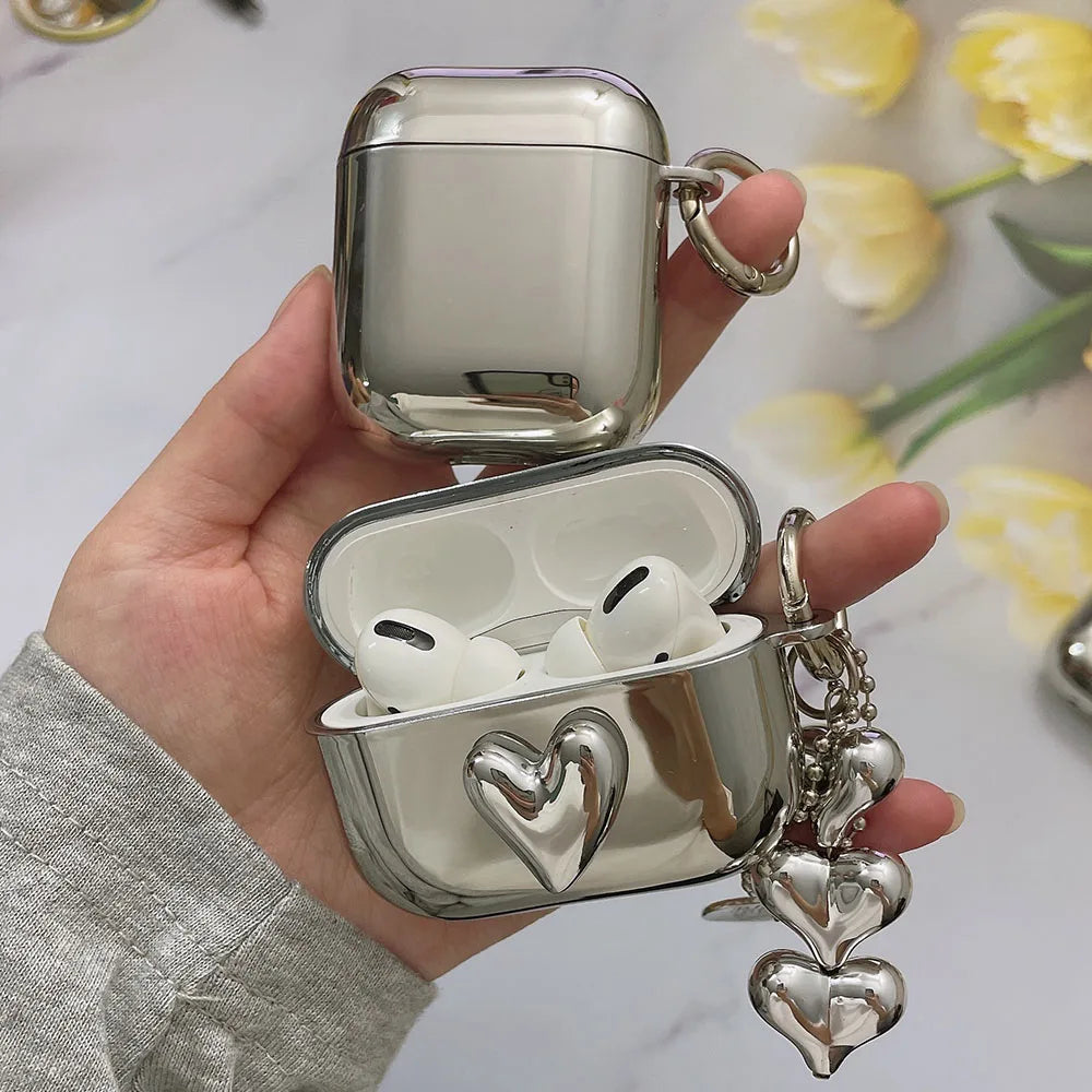 Electroplated Silver AirPods Case - Soft TPU Mirror Finish Cover with Heart Keychain for AirPods 1/2/3/4/5 & Pro 2