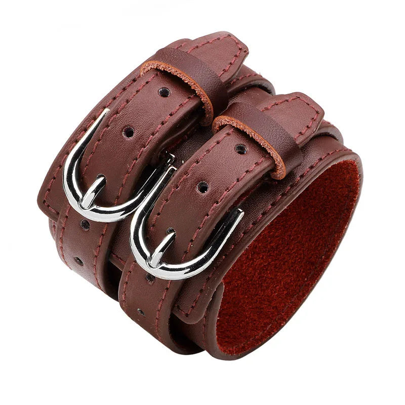 Men’s Genuine Leather Bracelet - Wide Adjustable Vintage Punk Friendship Jewelry with Buckle Closure
