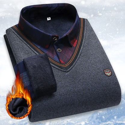 Men's Vintage Plaid Knit Sweater - Warm Fleece Polo Collar Winter Pullover