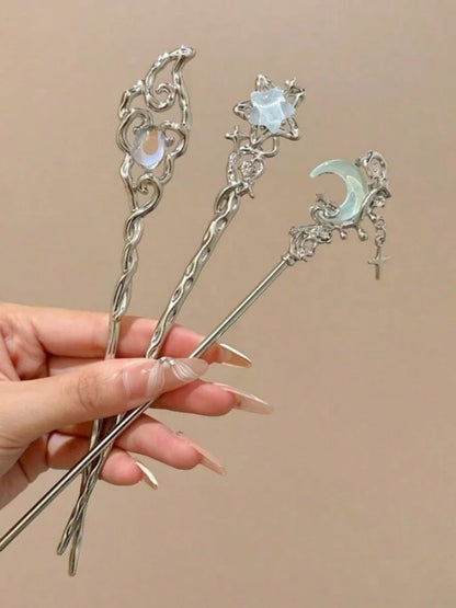 3-Piece Moonstone Star Hairpin Set - Elegant Alloy Hair Sticks & Decorative Accessories for Women