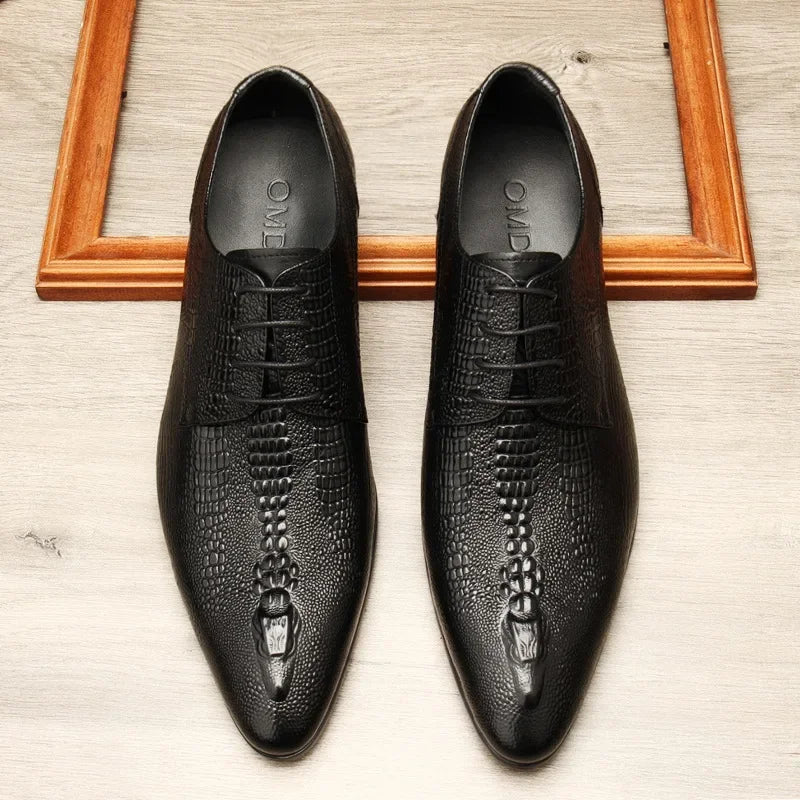 Men’s Genuine Leather Oxford Shoes - Handmade Crocodile Pattern Formal Wedding Business Dress Shoes in Black or Blue