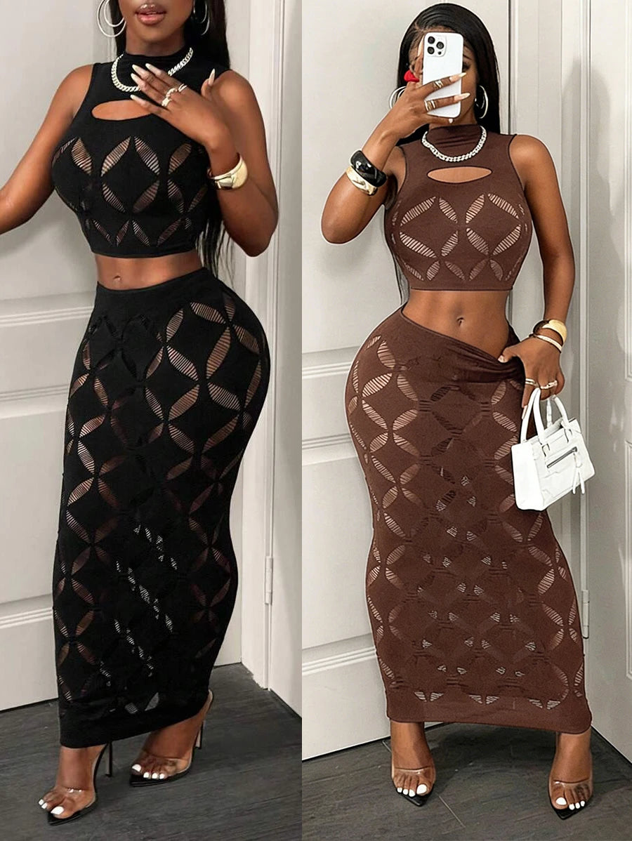 Plus Size 2-Piece Women’s Mesh Crop Tank & Bodycon Mini Skirt Set - Sexy Hollow Out Stretch Clubwear