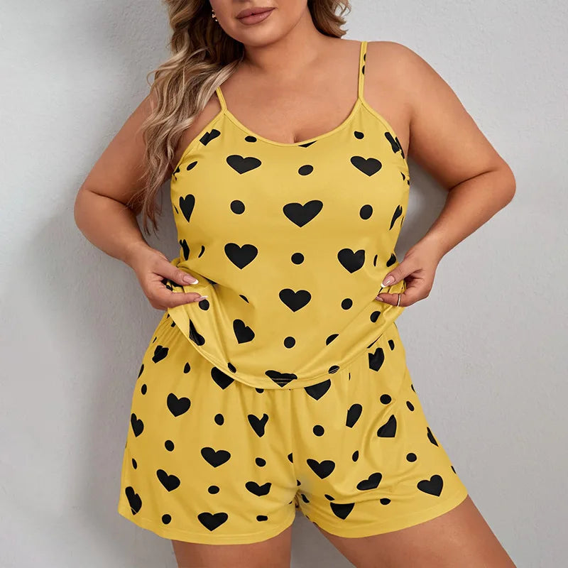 Plus Size Women’s Pajama Set — Sleeveless Heart Print Top & Elastic Waist Shorts, XL–XXXL Sleepwear Nightwear