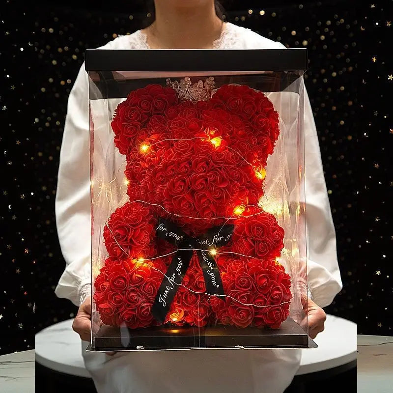 25cm Teddy Bear with Artificial Roses in Box – Romantic Valentine’s Day & Anniversary Gift for Women
