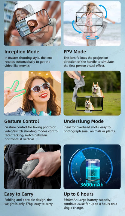 3 Axis Handheld Gimbal Stabilizer with Fill Light – Smartphone Stabilizer for iPhone & Android, Face Tracking, TikTok, Vlog – HQ6