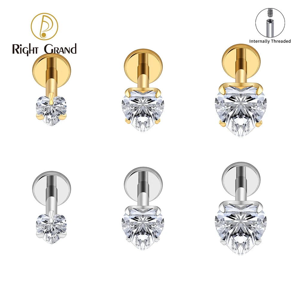 Right Grand ASTM F136 Titanium 16G Heart CZ Threaded Labret Stud – 3mm/4mm/5mm CZ Cartilage, Tragus, Helix & Nose Piercing Jewelry