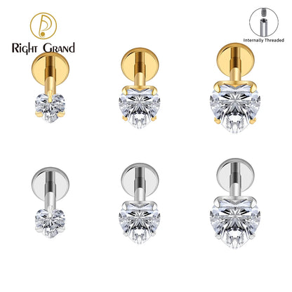 Right Grand ASTM F136 Titanium 16G Heart CZ Threaded Labret Stud – 3mm/4mm/5mm CZ Cartilage, Tragus, Helix & Nose Piercing Jewelry