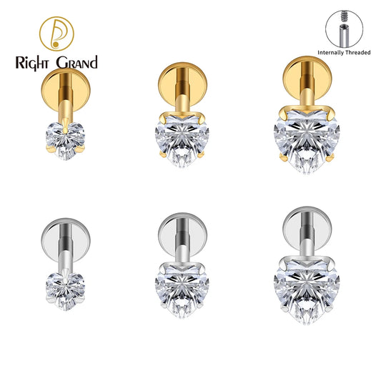 Right Grand ASTM F136 Titanium 16G Heart CZ Threaded Labret Stud – 3mm/4mm/5mm CZ Cartilage, Tragus, Helix & Nose Piercing Jewelry